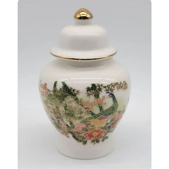 Vintage OMC Otagiri Japan Mini Urn Vase Peacock Bamboo Garden Gold Ginger Jars & - Picture 2 of 13